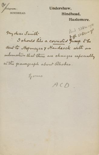 Manuscript letter in Arthur Conan Doyle's handwriting. 