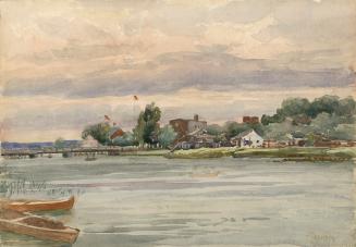 A painting of an island in the background beyond a body of water, with several houses or buildi…