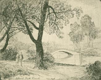 An etching of a stone bridge stretching across two islands. There are bushes and tall trees on …