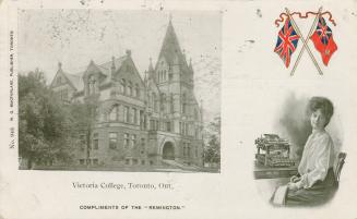 Black and white photograph of a Richardsonian Romanesque building. Insert of a woman posing in …