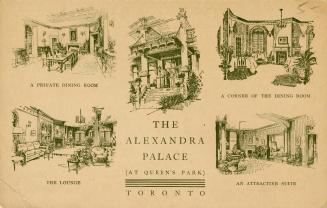 Advertisement postcard depicting a montage of illustrations in green-toned ink of The Alexandra…