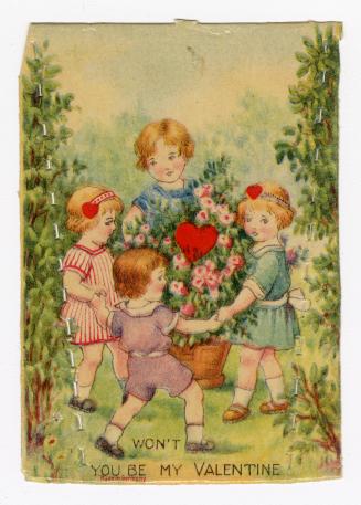 Four children hold hands to form a circle around a large potted bush of flowers. They are in a …