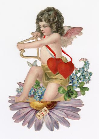 A die cut card in the image of Cupid. The cherub wears two hearts over the shoulder and aims a …