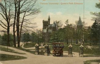 Colorized photograph of many people in an open air bus at the gate in a fence surrounding unive…