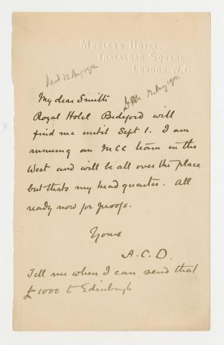 Manuscript letter in Arthur Conan Doyle's handwriting. 