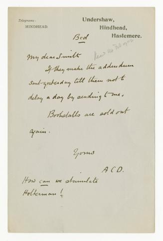 Manuscript letter in Arthur Conan Doyle's handwriting. 