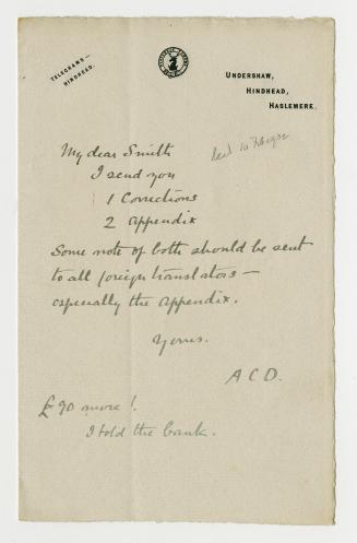 Manuscript letter in Arthur Conan Doyle's handwriting. 