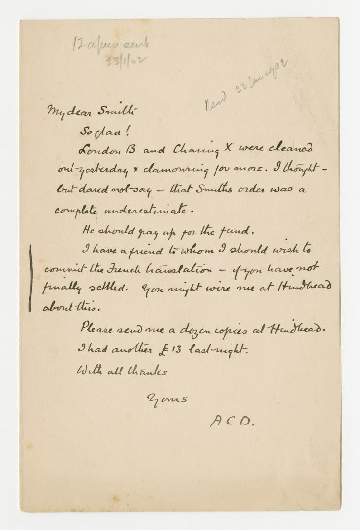 Manuscript letter in Arthur Conan Doyle's handwriting. 