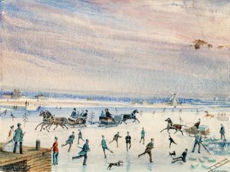 A photograph of a watercolour painting of a large number of people skating and sleighing on a b…