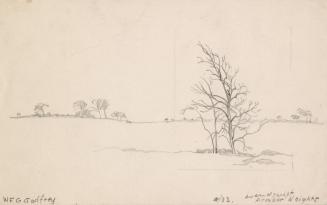 An illustration of a field with a few small trees with no leaves visible in the foreground and …