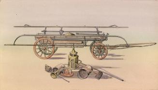 A drawing of an antique fire engine, with various firefighting tools depicted on the ground in …