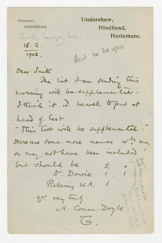 Manuscript letter in Arthur Conan Doyle's handwriting. 