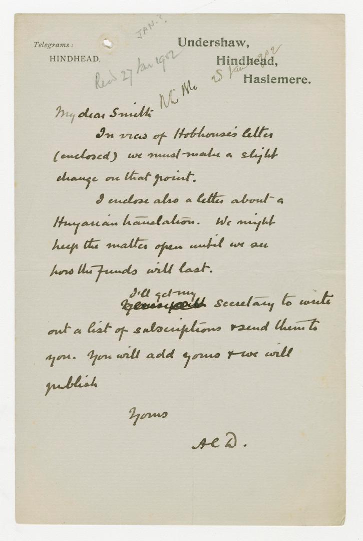 Manuscript letter in Arthur Conan Doyle's handwriting. 