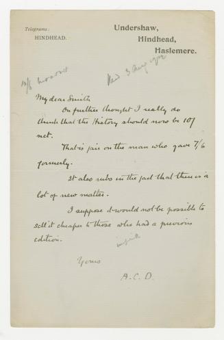 Manuscript letter in Arthur Conan Doyle's handwriting. 