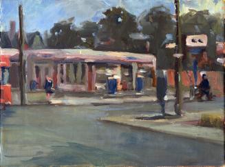 A painting of a city intersection, with a paved road and sidewalks. There is a store in the bac…