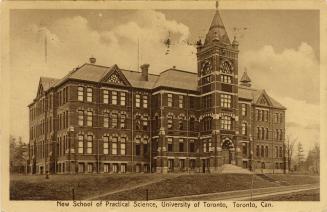 Sepia-toned photo postcard depicting a large building at the University of Toronto campus. The …