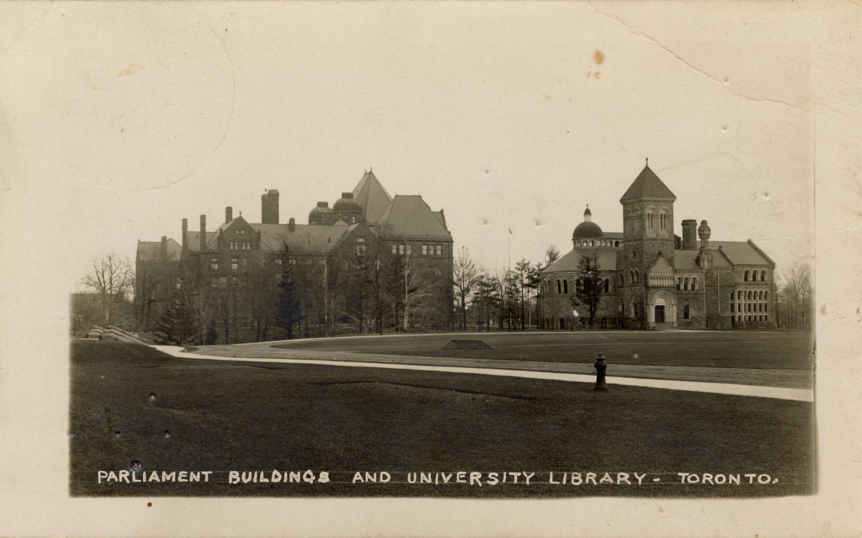 Black and white photo postcard depicting two buildings with caption at the bottom stating, "Par…