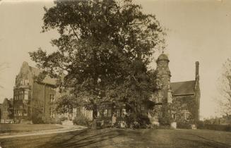 Sepia-toned photo postcard depicting a building with a large tree in front, known as Annesley H…