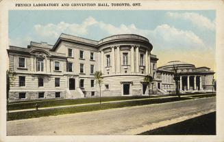 Colour photo postcard depicting a building with caption at the top stating, "Physics Laboratory…