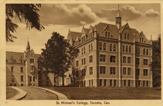 Sepia-toned photo postcard depicting St. Michael's Private Boys College with caption at the bot…