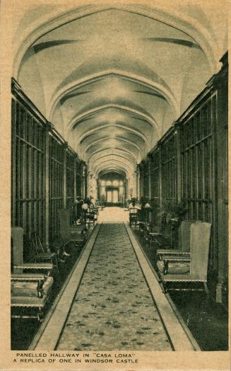 Three black and white pictures of a castle, one exterior and two interiors.