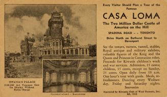 Sepia toned advertisement for visiting the tourist attraction Casa Loma with an exterior an int…