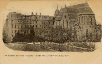 Black and white photographs of a five story Second Empire building situated behind a gothic rev…