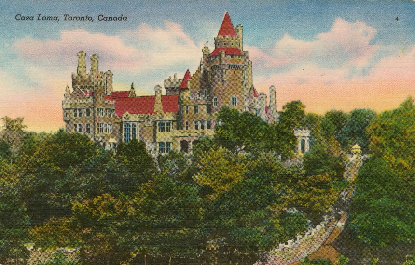 Colorized photograph of a castle with a stone wall and trees in front of it.