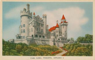 Colorized photograph of a castle with a stone wall in front of it.