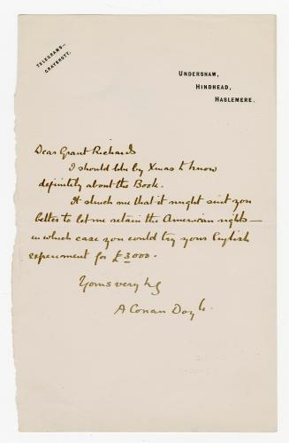 Manuscript letter in Arthur Conan Doyle's handwriting. 