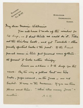 Manuscript letter in Arthur Conan Doyle's handwriting. 