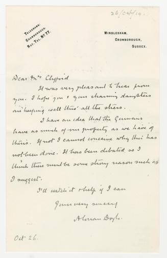 Manuscript letter in Arthur Conan Doyle's handwriting. 