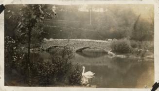 A photograph of stone bridge over a small pond. There is a swan swimming in the pond in the mid…