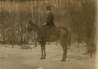 A photograph of a person sitting on a stationary horse, which is standing in the middle of a sn…