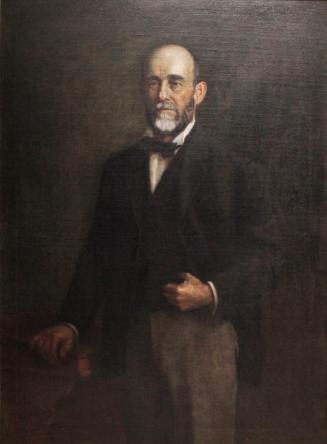 A portrait oil painting of a man standing in front of a dark background, with his right hand re…