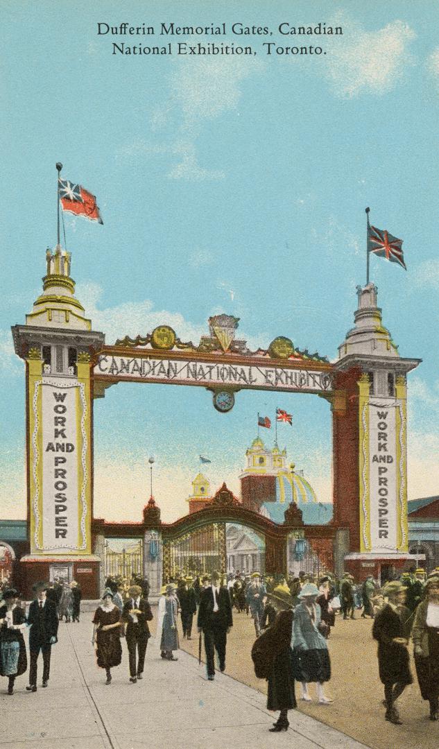 Colorized Photograph of people standing in front of a large gate entrance composed of two tower…