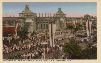 Colorized photograph of a huge crowd of people standing in front of a huge arena made of pored …