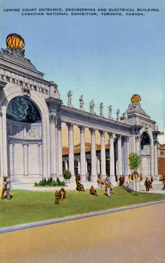 Colorized photograph of a people and card on a road in front of a huge arena with towers and th…