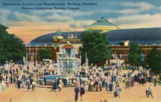 Colorized photograph of a huge crowds of people walking in front of a very large, marble founta…