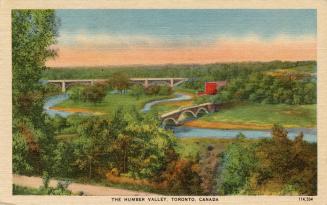 Stylized painting of two bridges spanning a river.