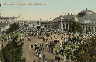 Colorized photograph of crowds of people waling on roads in front of large arenas, one with a l ...