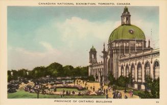 Colorized photograph of a large domed building with towers. People walking on pathways in front…