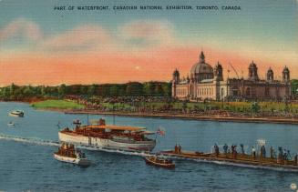 Colorized photograph of a body of water with a huge arena type, domed building on the shoreline…