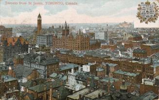 Colorized photograph of an aerial view of a large city downtown area with skyscrapers. There is…