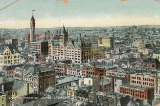 Colorized photograph of an aerial view of a large city downtown area with skyscrapers.