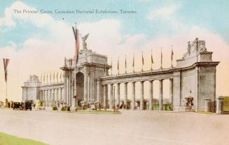 Colorized photograph of a large, neoclassical archway made of cement and stone.