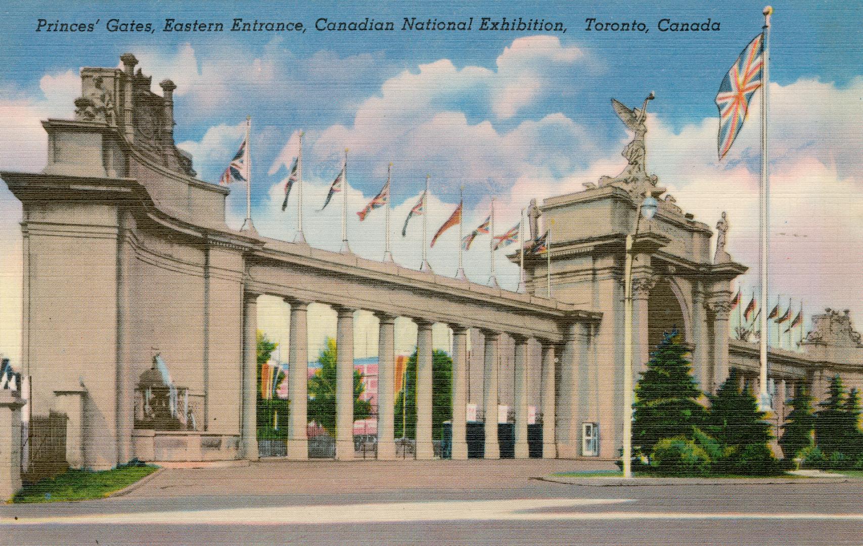 Colorized photograph of a large, neoclassical archway made of cement and stone.