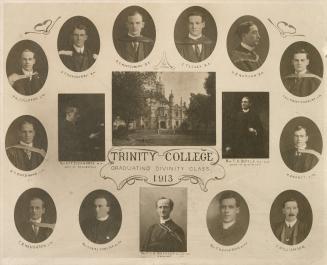 A group portrait, with oval and square-shaped photographs of individual persons arranged around ...