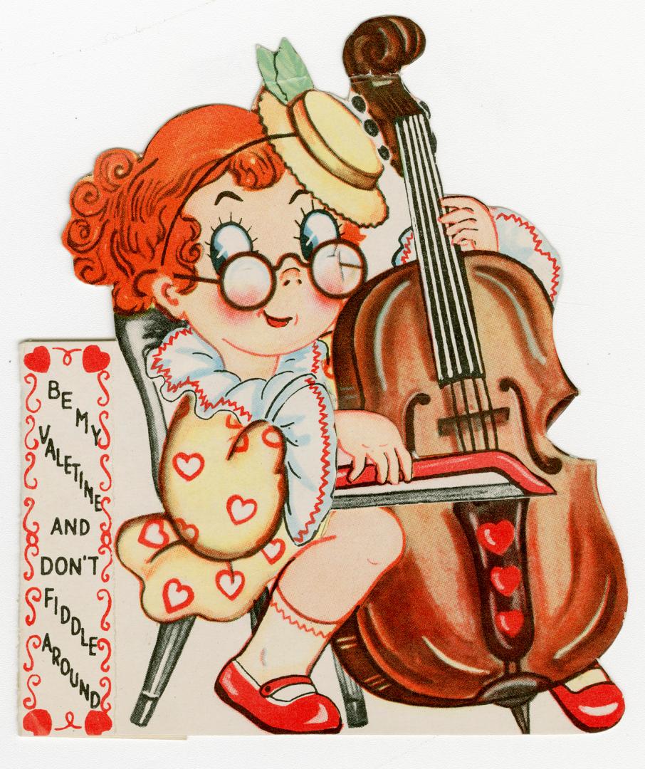 A mechanical card. A girl is pictured playing a cello. Pulling a tab causes her hand and the bo…