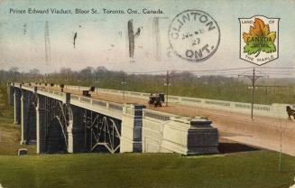 Colorized photograph of cars crossing a concrete and steel bridge.